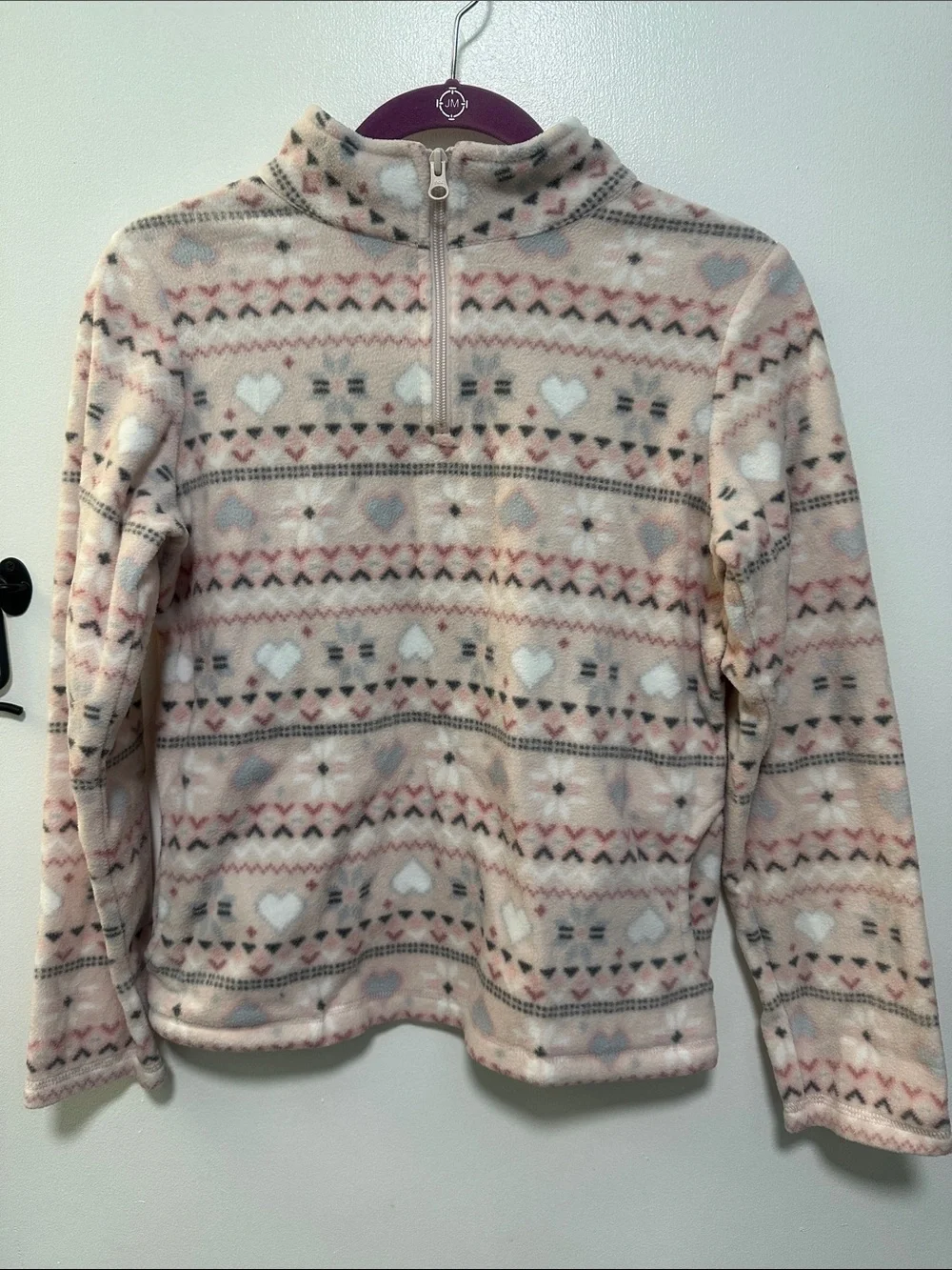 Girls Place Cozy Half-Zip Fleece Pullover - Pink Heart Pattern size 14